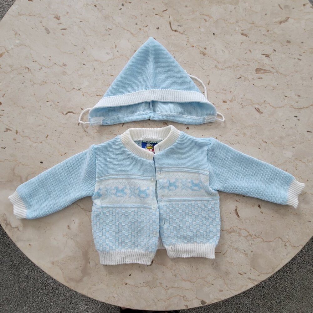 Vintage Snuggle Alert Blue & White Sweater Set 18 months,  fits like a 12 Month